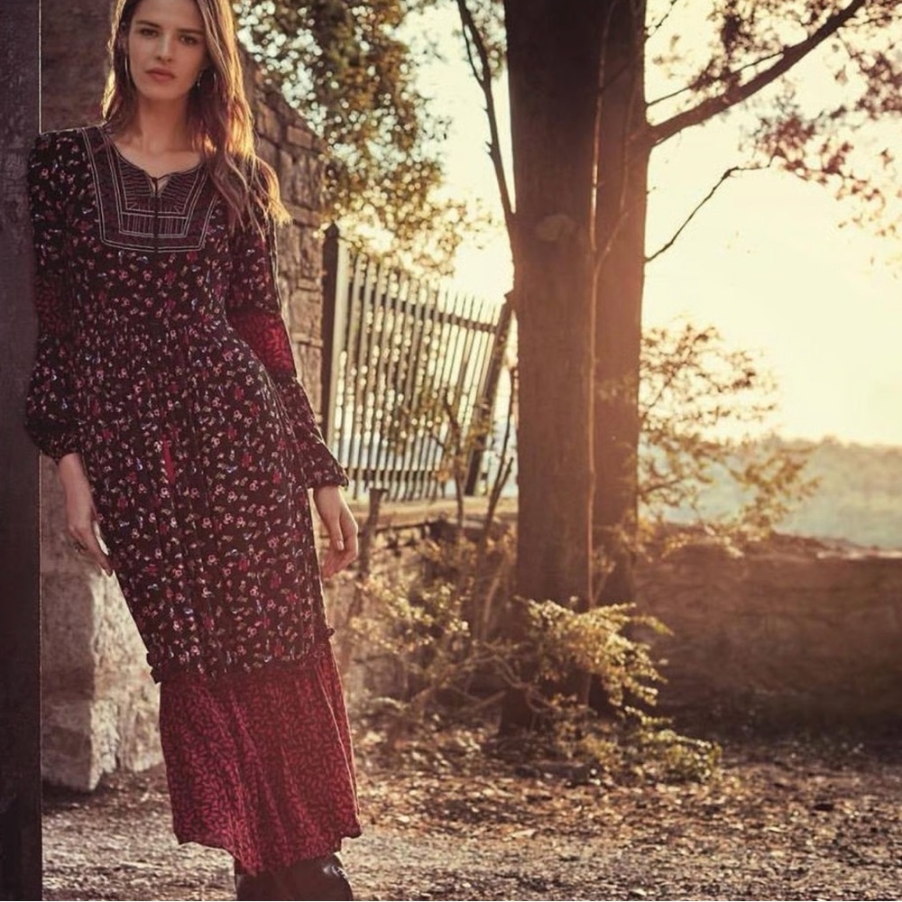 The Pyramid Collection Black Maxi Dress with Red Floral & Blue Embroidered Yoke